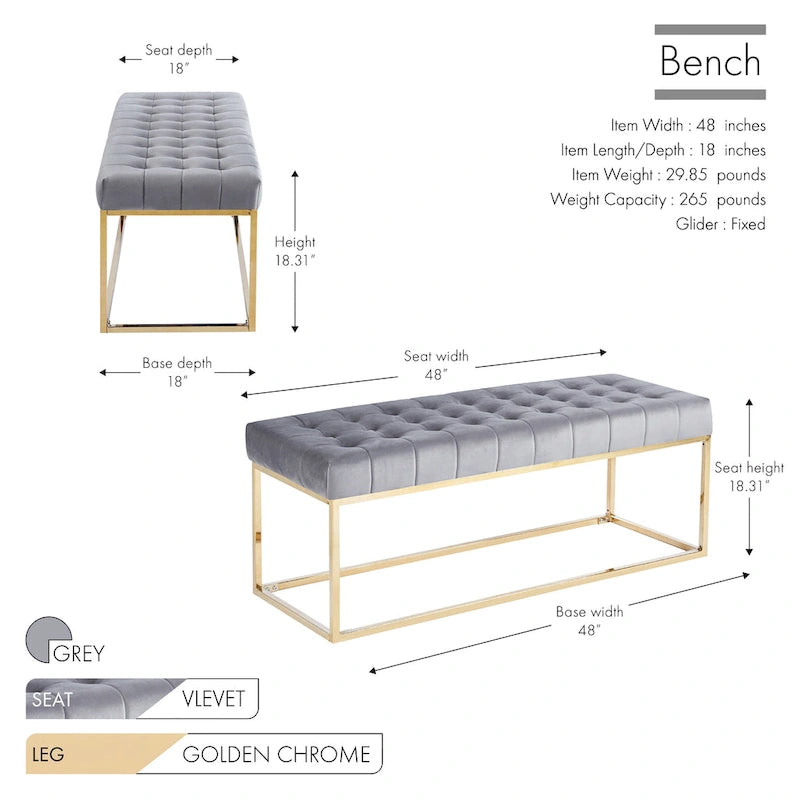 Porthos Home Wenn Tufted Velvet Bench with Gold Chrome Legs