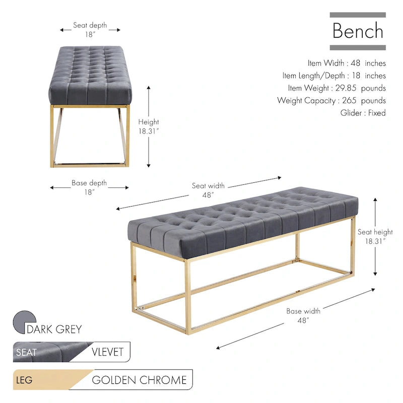 Porthos Home Wenn Tufted Velvet Bench with Gold Chrome Legs