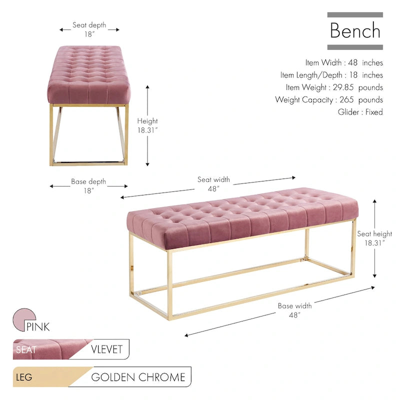 Porthos Home Wenn Tufted Velvet Bench with Gold Chrome Legs
