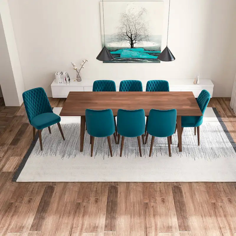 Set da pranzo rettangolare Addison 9 pezzi mid-century con 8 sedie da pranzo in velluto turchese