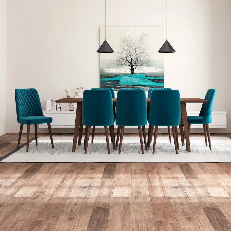 Set da pranzo rettangolare Addison 9 pezzi mid-century con 8 sedie da pranzo in velluto turchese