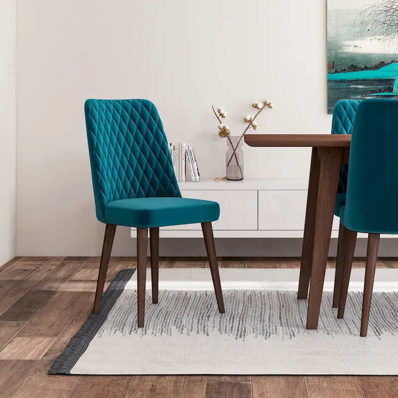 Set da pranzo rettangolare Addison 9 pezzi mid-century con 8 sedie da pranzo in velluto turchese