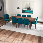 Set da pranzo rettangolare Addison 9 pezzi mid-century con 8 sedie da pranzo in velluto turchese