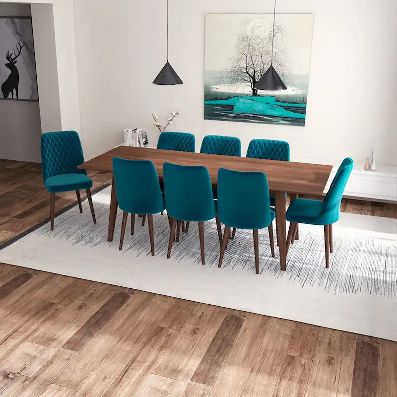 Set da pranzo rettangolare Addison 9 pezzi mid-century con 8 sedie da pranzo in velluto turchese