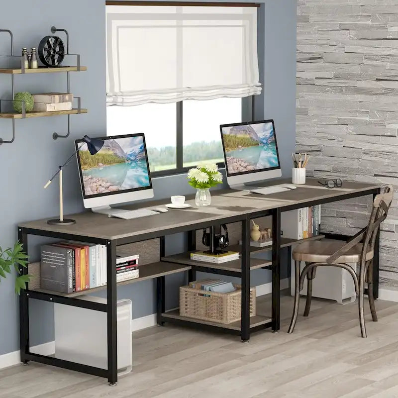 Two Person Desk with Bookshelf, 78.7 Computer Office Double Desk for Two Person