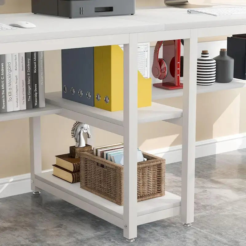 Two Person Desk with Bookshelf, 78.7 Computer Office Double Desk for Two Person