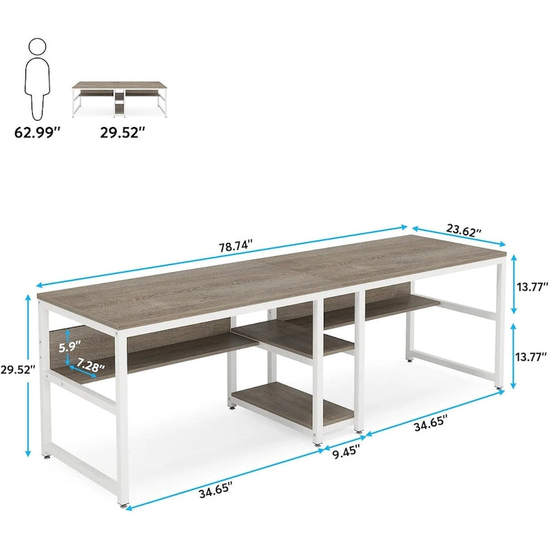 Two Person Desk with Bookshelf, 78.7 Computer Office Double Desk for Two Person