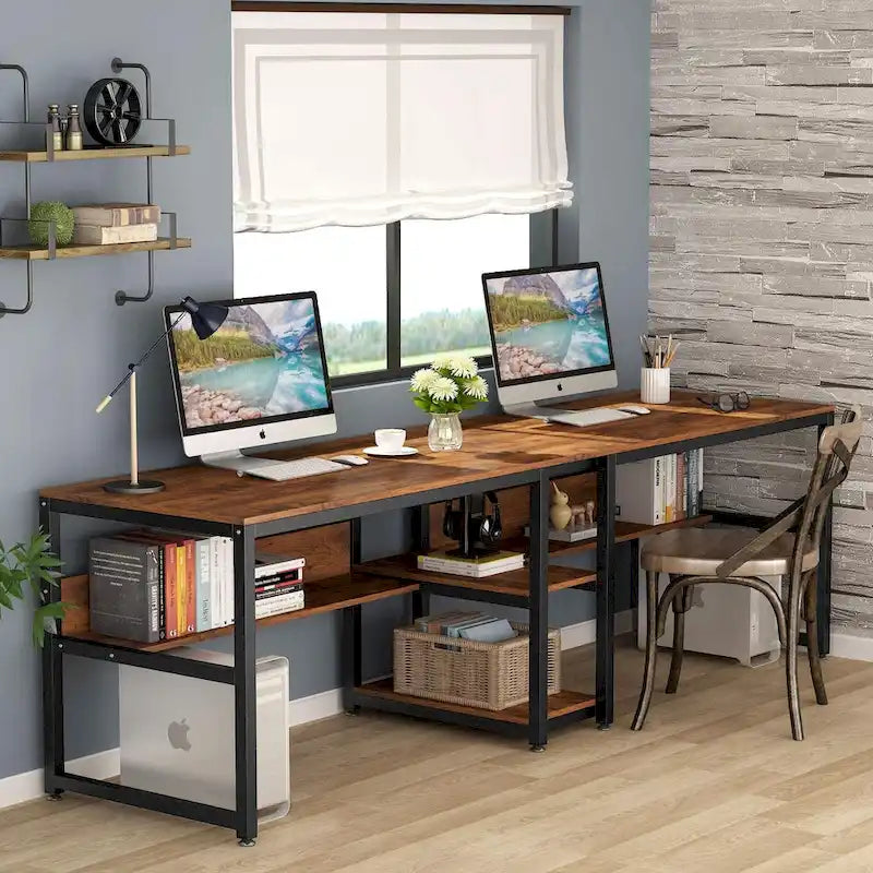 Two Person Desk with Bookshelf, 78.7 Computer Office Double Desk for Two Person