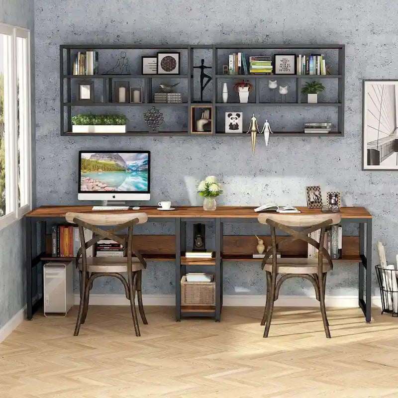 Two Person Desk with Bookshelf, 78.7 Computer Office Double Desk for Two Person