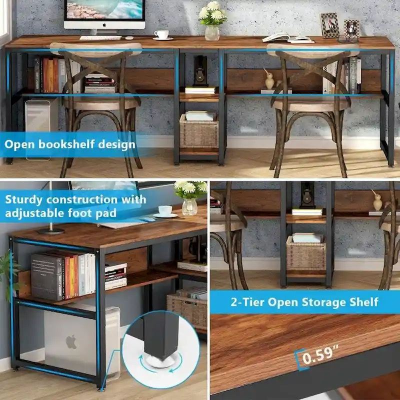 Two Person Desk with Bookshelf, 78.7 Computer Office Double Desk for Two Person