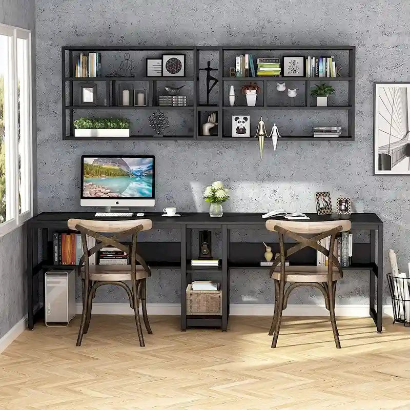Two Person Desk with Bookshelf, 78.7 Computer Office Double Desk for Two Person