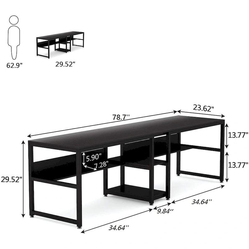 Two Person Desk with Bookshelf, 78.7 Computer Office Double Desk for Two Person