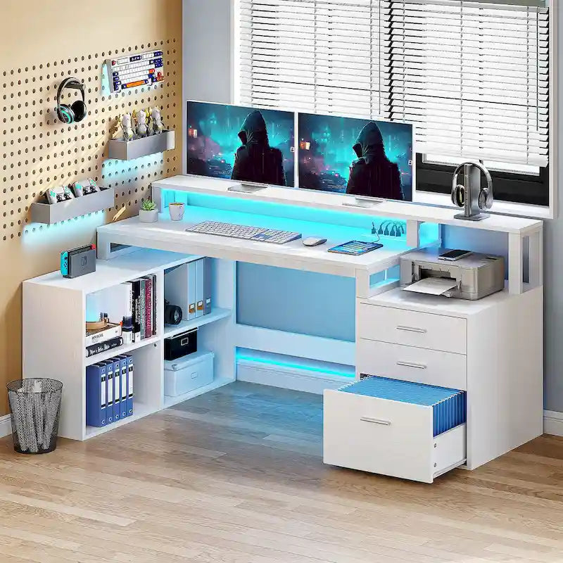 Moasis L Shaped Gaming Desk LED 65 Inch Computer Corner Desk with Monitor Stand and Storage Cabinet