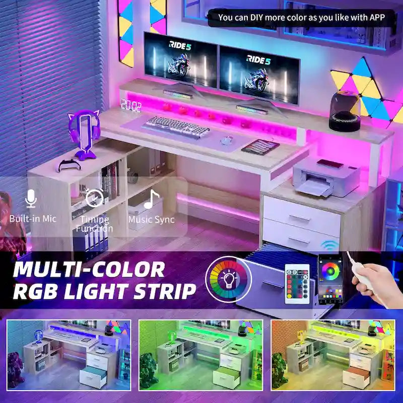 Moasis L Shaped Gaming Desk LED 65 Inch Computer Corner Desk with Monitor Stand and Storage Cabinet