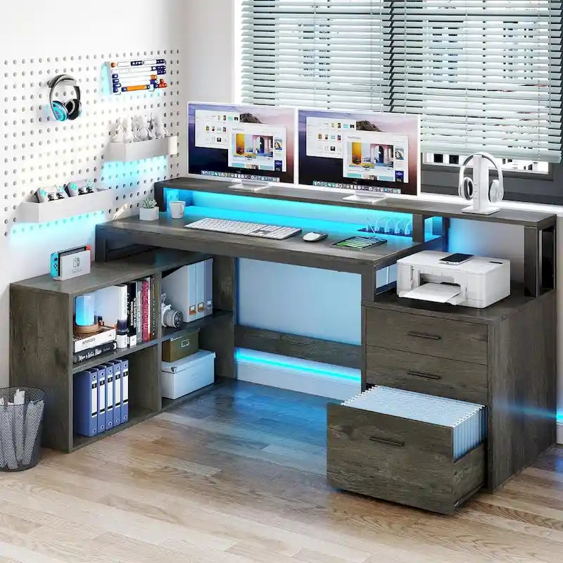 Moasis L Shaped Gaming Desk LED 65 Inch Computer Corner Desk with Monitor Stand and Storage Cabinet