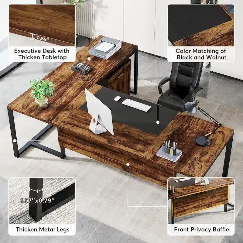 Scrivania direzionale da 70,8 pollici con schedario, grande scrivania direzionale per computer a L