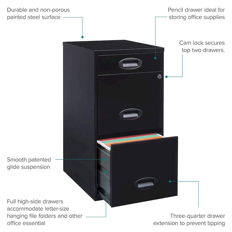 Space Solutions Classificatore Organizer in Metallo a 3 Cassetti Profondo 45,7 cm con Cassetto Portamatite, Nero