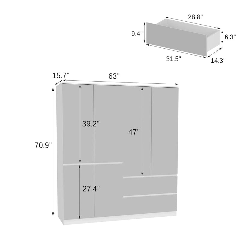 Combo Wardrobe Storage Cabinets Mirror Hanging Rod Bedroom ARMOIRES