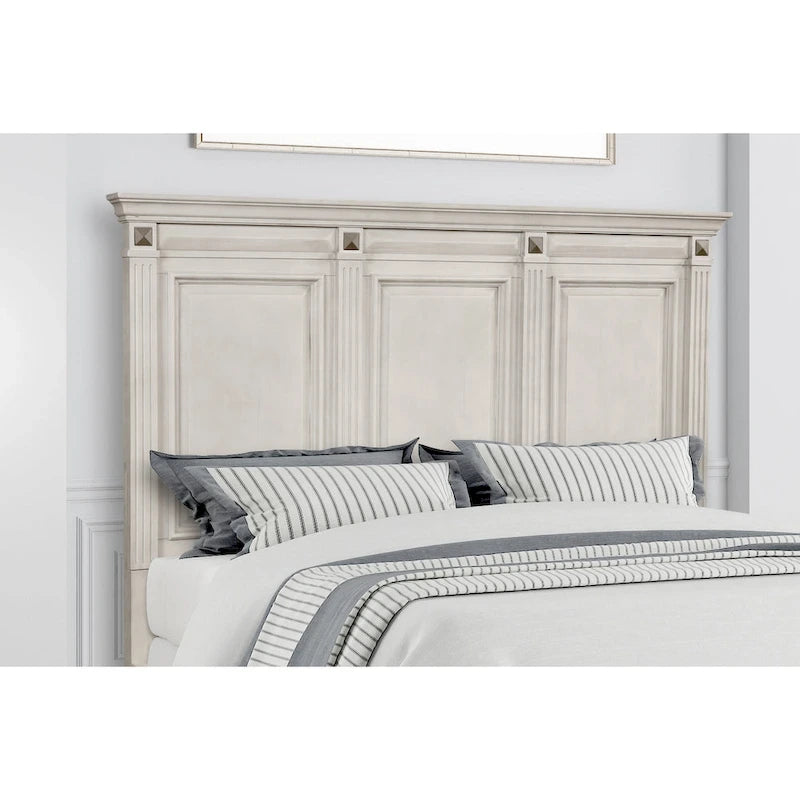 Roundhill Furniture Renova 3-Piece Distressed Parchment Wood Bedroom Set, Panel Bed with 2 Nightstands
