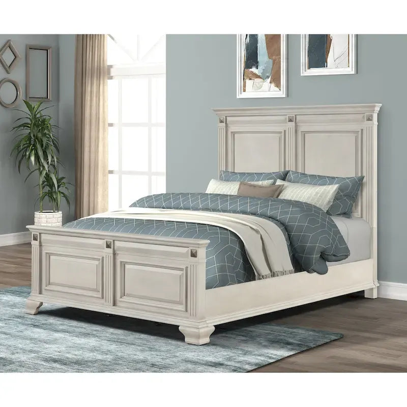 Roundhill Furniture Renova 3-Piece Distressed Parchment Wood Bedroom Set, Panel Bed with 2 Nightstands