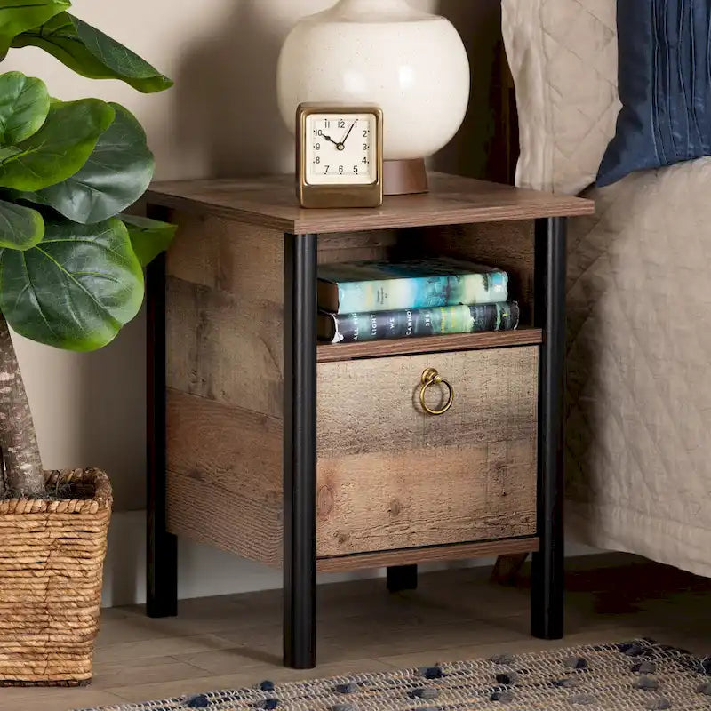 Vaughan Modern Rustic Oak Brown and Black Finished Wood Nightstand