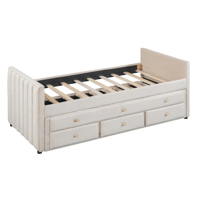 Twin Size Upholstered Daybed with Twin Size Trundle and Drawers, Velvet, Beige