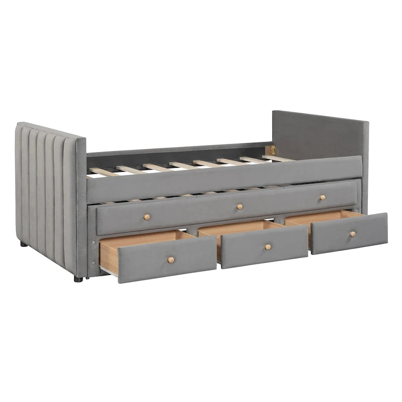 Twin Size Upholstered Daybed with Twin Size Trundle and Drawers, Velvet, Beige