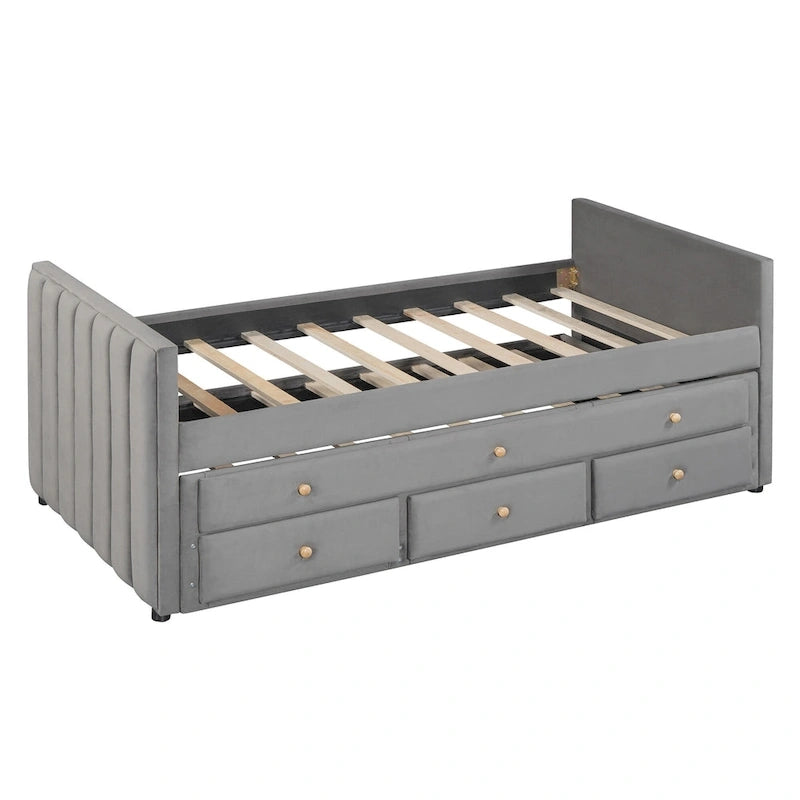 Twin Size Upholstered Daybed with Twin Size Trundle and Drawers, Velvet, Beige