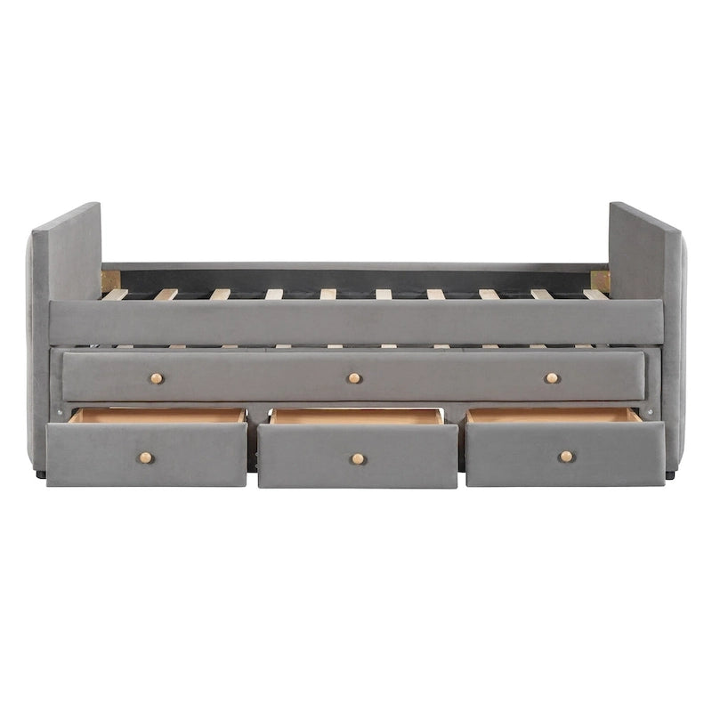 Twin Size Upholstered Daybed with Twin Size Trundle and Drawers, Velvet, Beige
