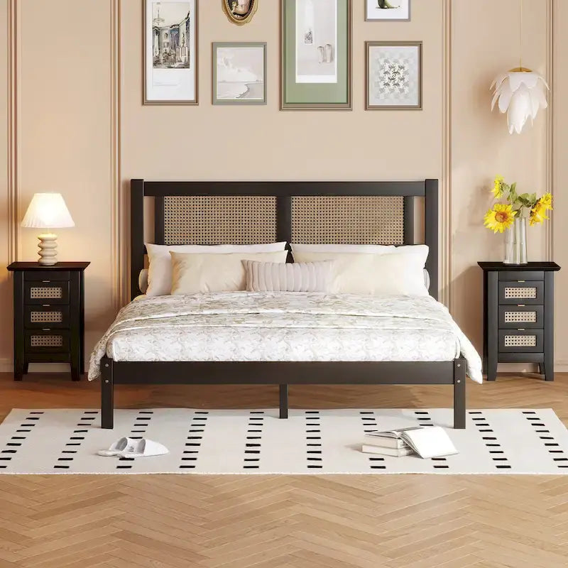 3-Pieces Bedroom Set Queen Size Wooden Platform Bed with Rattan Headboard, 2 Rattan Nightstands Surfaces & 3 Drawers, Black
