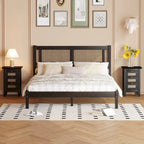 3-Pieces Bedroom Set Queen Size Wooden Platform Bed with Rattan Headboard, 2 Rattan Nightstands Surfaces & 3 Drawers, Black