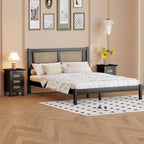 Set da camera da letto in 3 pezzi: letto a piattaforma matrimoniale in legno con testiera in rattan, 2 comodini in rattan con ripiani e 3 cassetti, nero