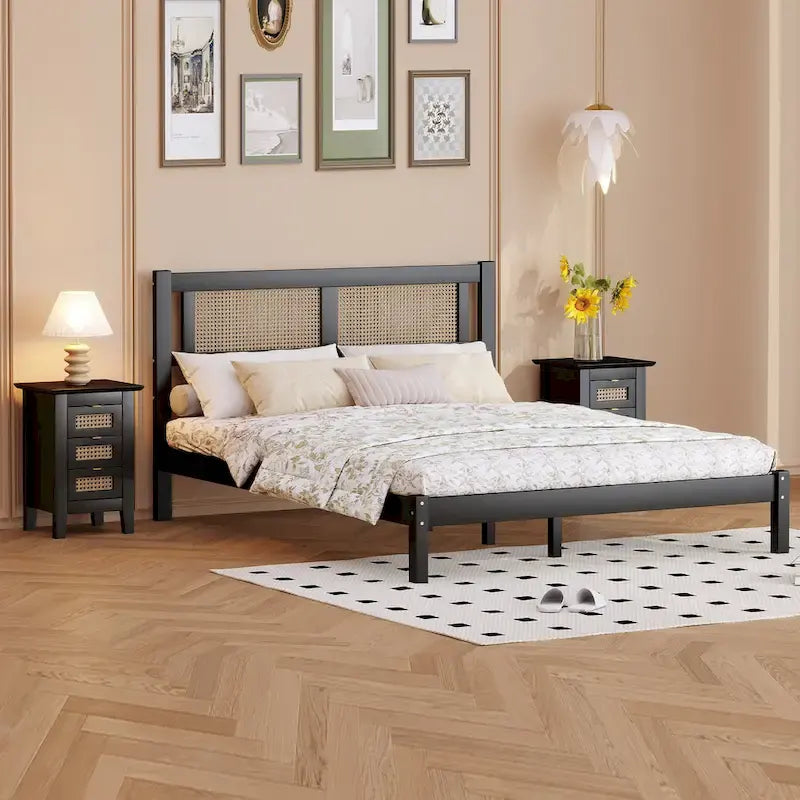 Set da camera da letto in 3 pezzi: letto a piattaforma matrimoniale in legno con testiera in rattan, 2 comodini in rattan con ripiani e 3 cassetti, nero