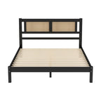 Set da camera da letto in 3 pezzi: letto a piattaforma matrimoniale in legno con testiera in rattan, 2 comodini in rattan con ripiani e 3 cassetti, nero