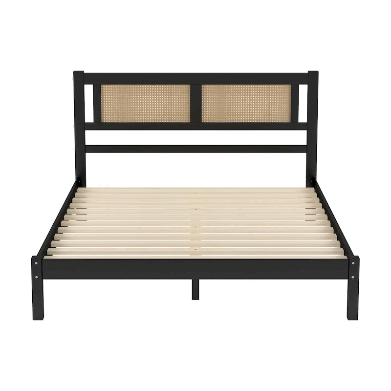 Set da camera da letto in 3 pezzi: letto a piattaforma matrimoniale in legno con testiera in rattan, 2 comodini in rattan con ripiani e 3 cassetti, nero