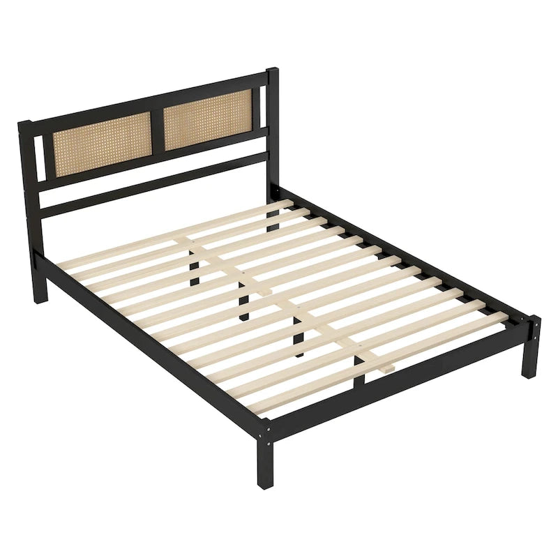 Set da camera da letto in 3 pezzi: letto a piattaforma matrimoniale in legno con testiera in rattan, 2 comodini in rattan con ripiani e 3 cassetti, nero
