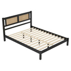 Set da camera da letto in 3 pezzi: letto a piattaforma matrimoniale in legno con testiera in rattan, 2 comodini in rattan con ripiani e 3 cassetti, nero