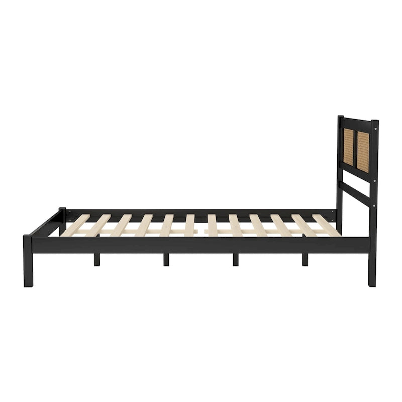 Set da camera da letto in 3 pezzi: letto a piattaforma matrimoniale in legno con testiera in rattan, 2 comodini in rattan con ripiani e 3 cassetti, nero