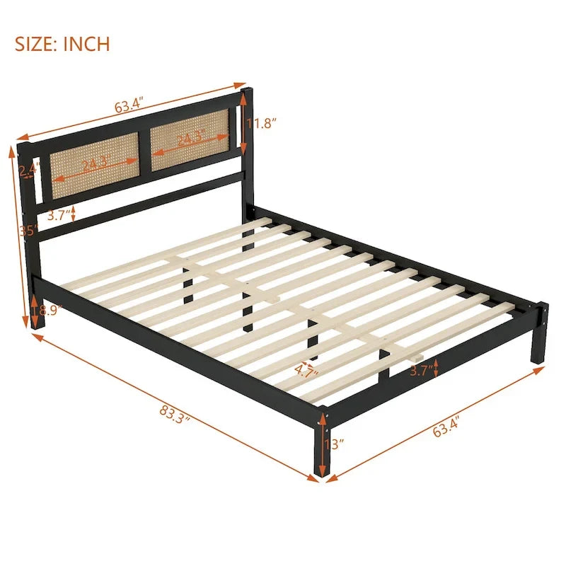 Set da camera da letto in 3 pezzi: letto a piattaforma matrimoniale in legno con testiera in rattan, 2 comodini in rattan con ripiani e 3 cassetti, nero