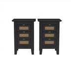 Set da camera da letto in 3 pezzi: letto a piattaforma matrimoniale in legno con testiera in rattan, 2 comodini in rattan con ripiani e 3 cassetti, nero