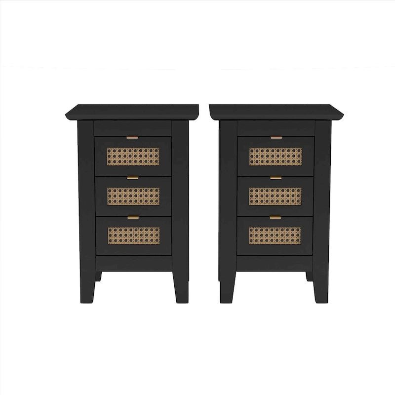 Set da camera da letto in 3 pezzi: letto a piattaforma matrimoniale in legno con testiera in rattan, 2 comodini in rattan con ripiani e 3 cassetti, nero