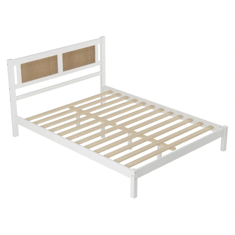 Set da camera da letto in 3 pezzi: letto a piattaforma matrimoniale in legno con testiera in rattan, 2 comodini in rattan con ripiani e 3 cassetti, nero