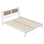 Set da camera da letto in 3 pezzi: letto a piattaforma matrimoniale in legno con testiera in rattan, 2 comodini in rattan con ripiani e 3 cassetti, nero