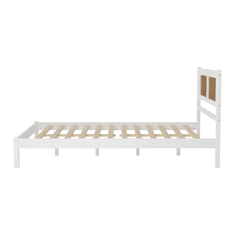 Set da camera da letto in 3 pezzi: letto a piattaforma matrimoniale in legno con testiera in rattan, 2 comodini in rattan con ripiani e 3 cassetti, nero