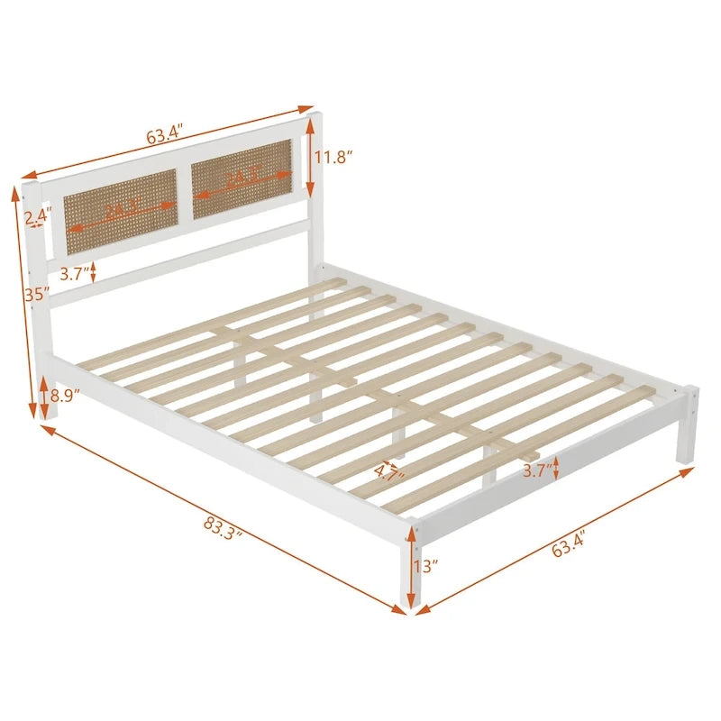 Set da camera da letto in 3 pezzi: letto a piattaforma matrimoniale in legno con testiera in rattan, 2 comodini in rattan con ripiani e 3 cassetti, nero