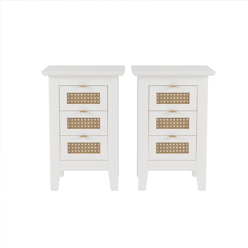 Set da camera da letto in 3 pezzi: letto a piattaforma matrimoniale in legno con testiera in rattan, 2 comodini in rattan con ripiani e 3 cassetti, nero