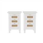 Set da camera da letto in 3 pezzi: letto a piattaforma matrimoniale in legno con testiera in rattan, 2 comodini in rattan con ripiani e 3 cassetti, nero