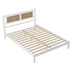 Set da camera da letto in 3 pezzi: letto a piattaforma matrimoniale in legno con testiera in rattan, 2 comodini in rattan con ripiani e 3 cassetti, nero