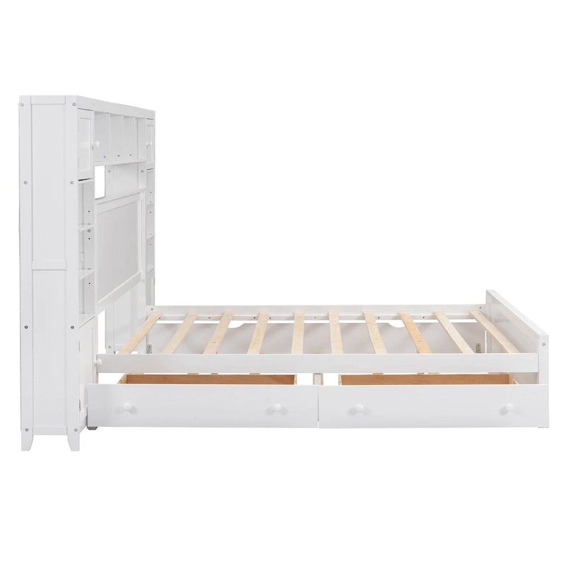 Queen Size Wooden Bed With All-in-One Cabinet, Shelf and Sockets, Espresso