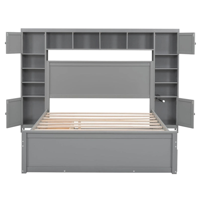 Queen Size Wooden Bed With All-in-One Cabinet, Shelf and Sockets, Espresso